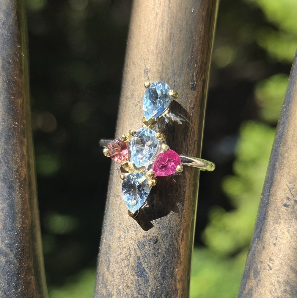 Blue Topaz 6k & Tourmaline Stering & Gold Ring Sz6 - Picture 2 of 8